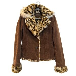 Guess Suede Leather Jacket Women Medium Brown Leopard Faux Fur Vintage Style